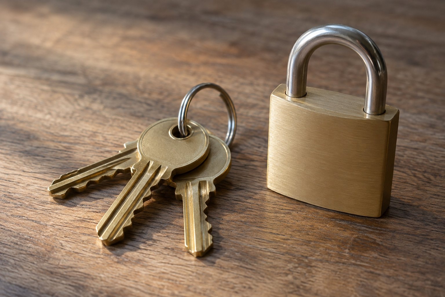 Brass keys on a ring beside a closed padlock.