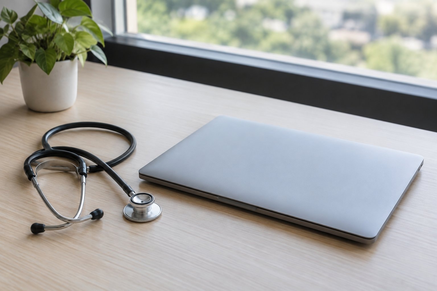 A stethoscope beside a closed laptop on a clean desk.