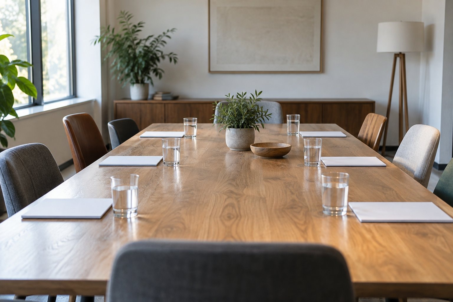Empty chairs around a wooden meeting table with water glasses and blank notepads.