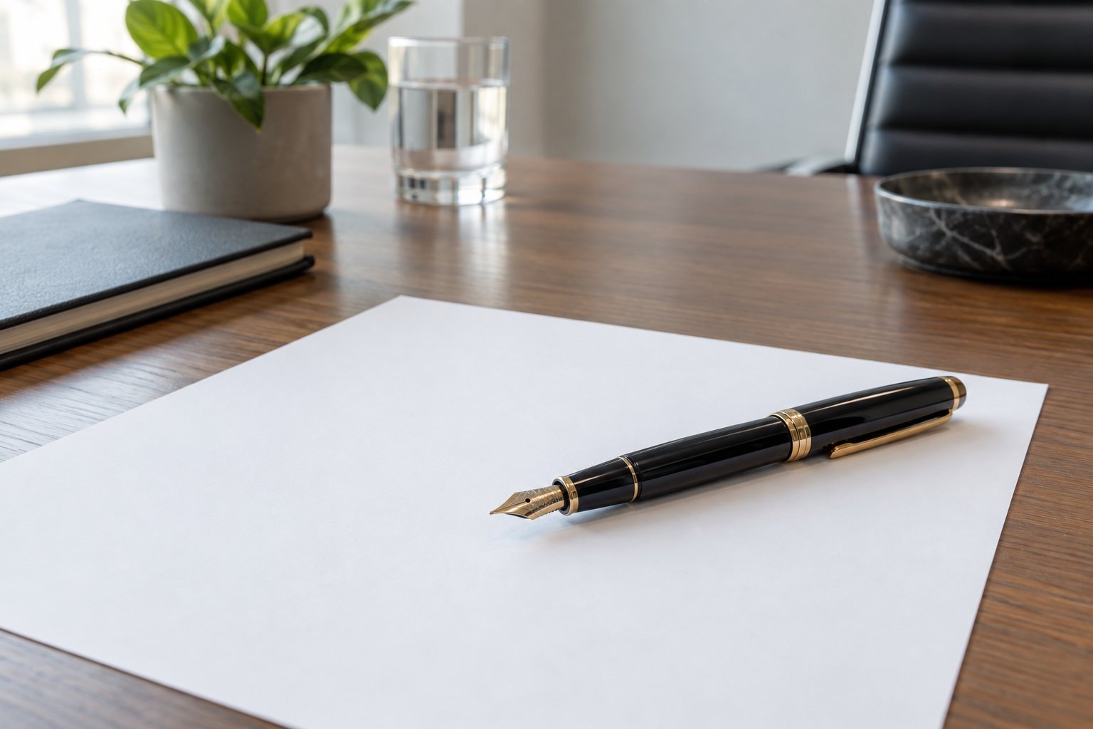 A fountain pen resting on a blank sheet of paper.