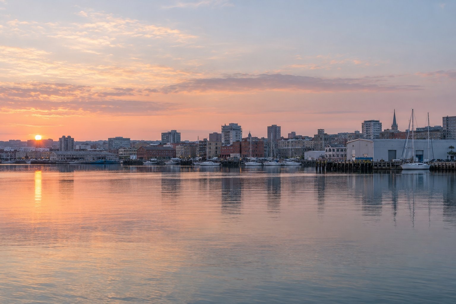 A harbor and city skyline in the light of dawn.