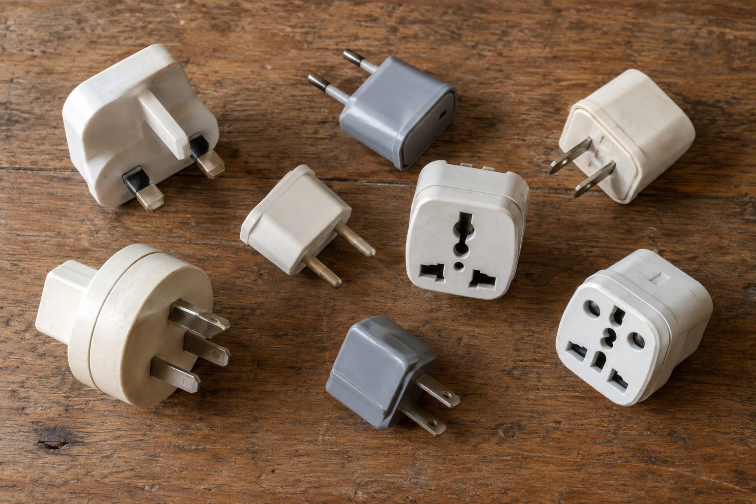 Mismatched power-plug adapters spread on a wooden table.
