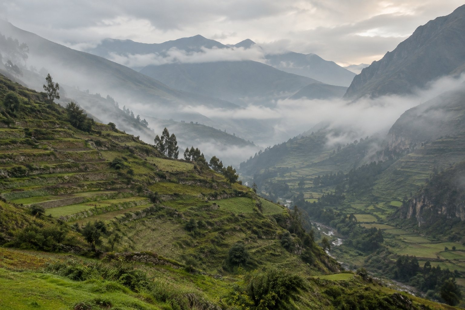 Misty mountains above a valley of terraced fields.