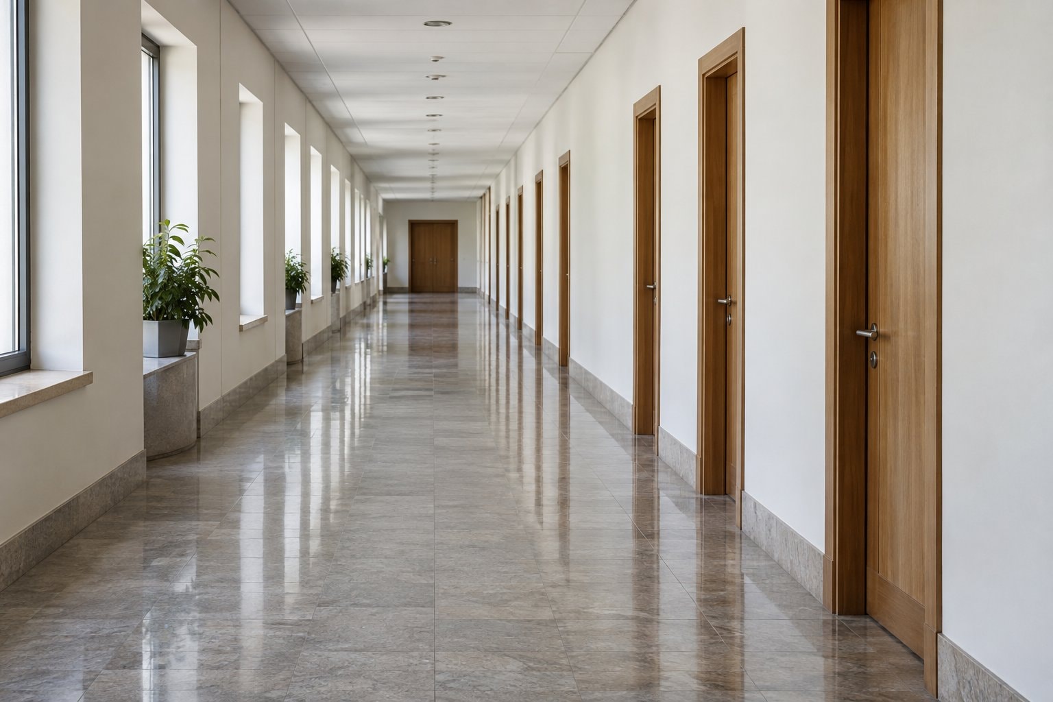 An empty office corridor with closed wooden doors and windows.