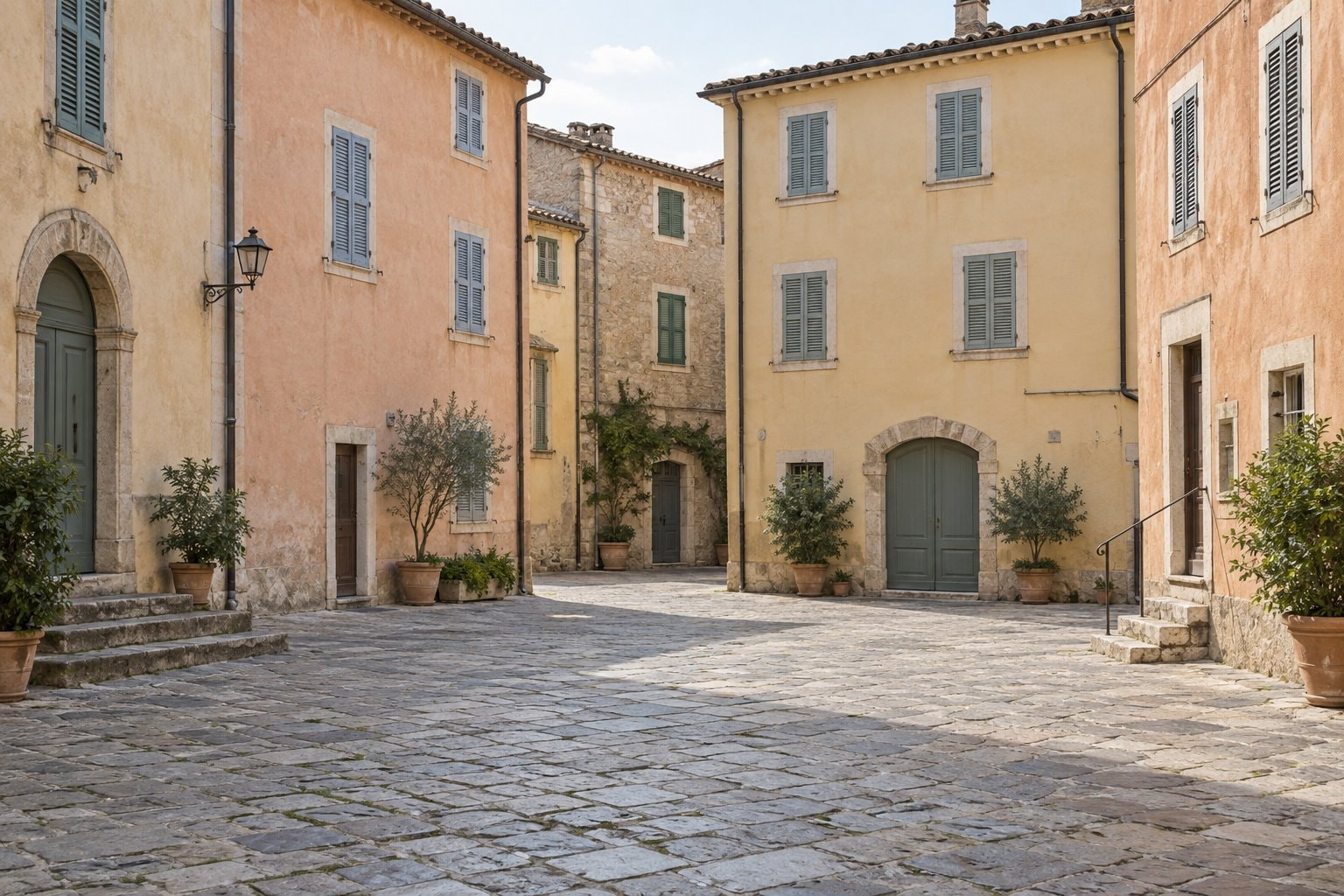 Pastel facades around an empty stone-paved square.
