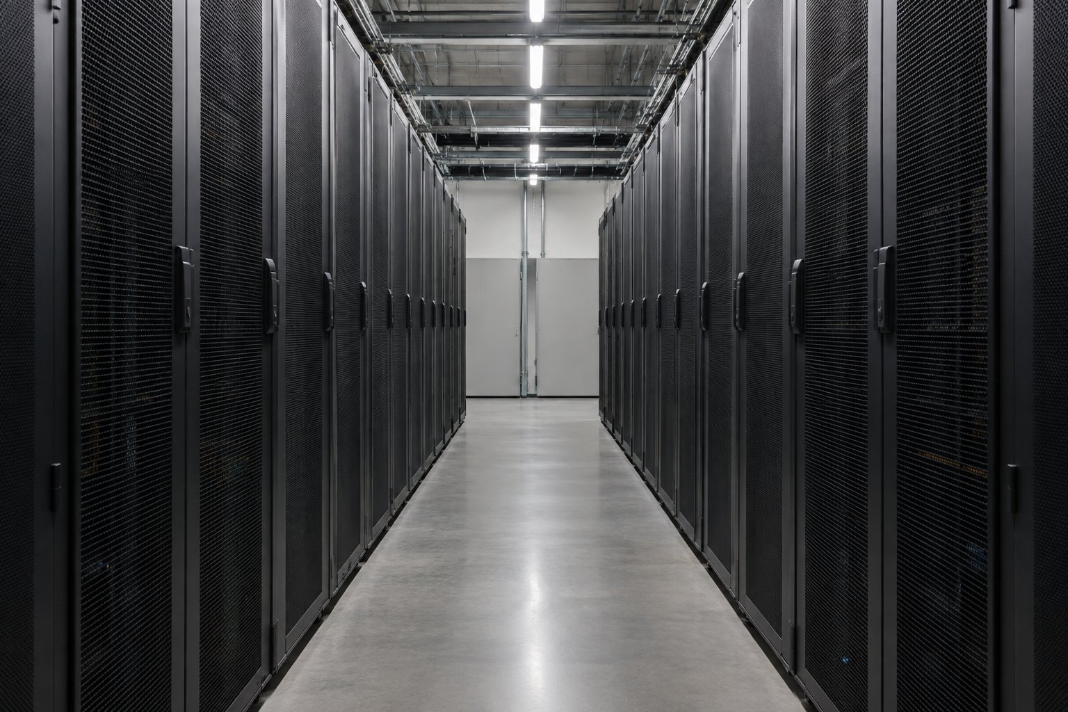 Rows of server racks along a cool-lit aisle.