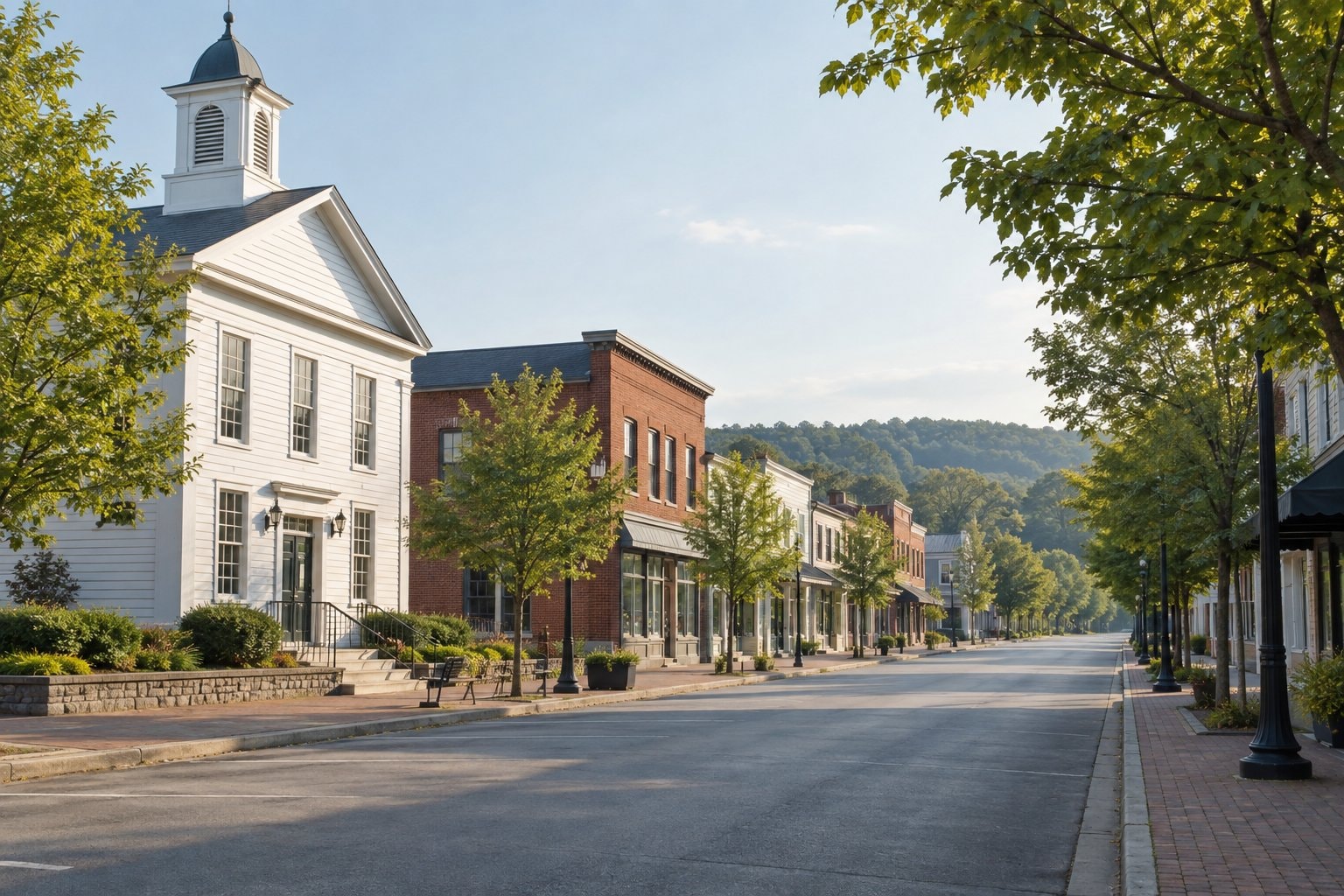An empty main street beside a white clapboard building.